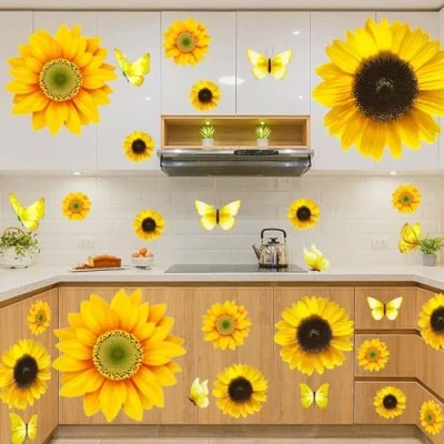 Image of 54 Pcs 3D Sunflowers and Butterfly Wall Stickers Decor Large Sunflower Decals Peel Stick Yellow Flowers for Home Kitchen Bedroom Bathroom Living Room Decorations