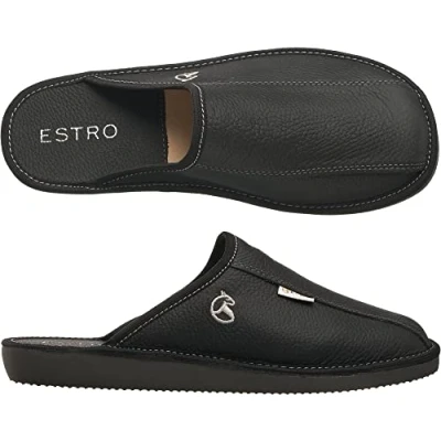Image of ESTRO Mens Slippers Men House Shoes Leather Home Mule Men&#039;s Slipper Memory Sole Frost (8 UK, Onyx)