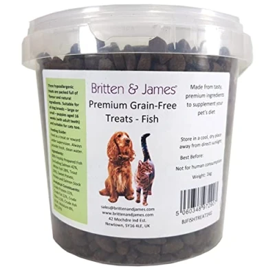 Image of Britten &amp; James Premium Grain Free Dog Treats Cat Fish 1kg in a Stay Fresh 2L Tub. Hypoallergenic