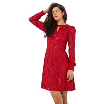 Image of Roman Womens Lace Sparkle Swing Dress Red Sequin Size 10 UK