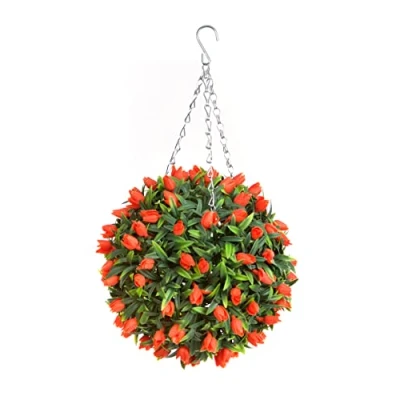 Image of Best Artificial TULIP Flower Ball Lush Long Leaf Topiary Grass (28cm, Orange)