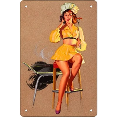 Image of Retro Funny Metal Sheet Signs bbq pin up girl，, Wall Decoration, 12x16 Inch