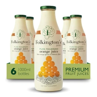 Image of Folkington&#039;s Fruit Juice, Orange 6 Glass Bottles, Pure Squeezed Bulk Pack x 1 Litre