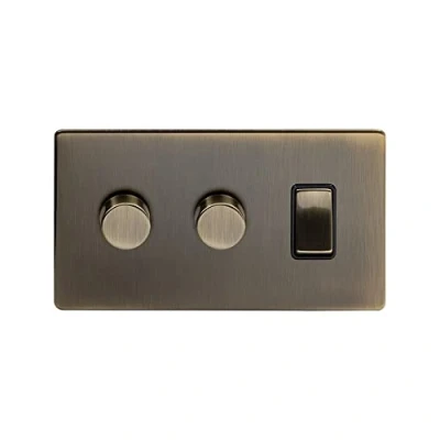 Image of Soho Lighting Antique Brass 3 Gang Light Switch with 2 Dimmers (2 Way &amp; 2X Trailing Dimmer) Screwless