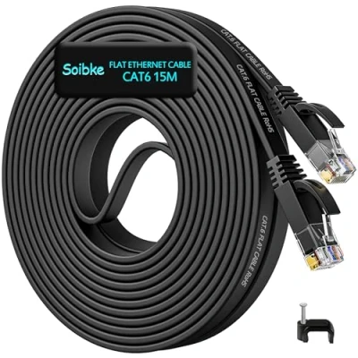 Image of Ethernet Cable 15m, Cat 6 Long Internet 15 Meter Flat Gigabit LAN Network High Speed 1Gbps Wifi Black Slim RJ45 Patch Cord Compatible with Cat5/Cat6a for Router Modem