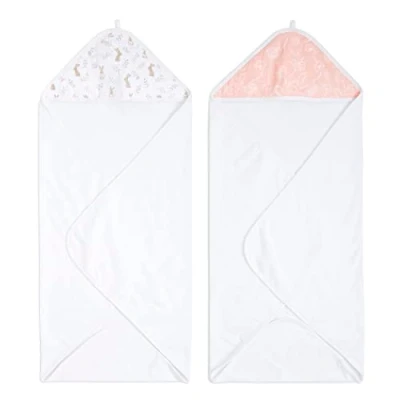 Image of aden + anais blushing bunnies Hooded Towel Pack of 2 100% Cotton Terry Muslin Hood, Soft Bath &amp; Shower Wrap Babies bunny, pink, flowers Gift Set Baby, Newborns Toddlers, 76 x cm (AD217)