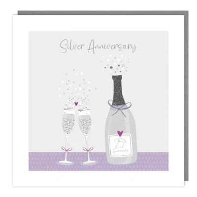 Image of Silver Anniversary Card 25th 25 Years Champagne and Love Heart Design Special Finishes Made in the UK Eco Friendly