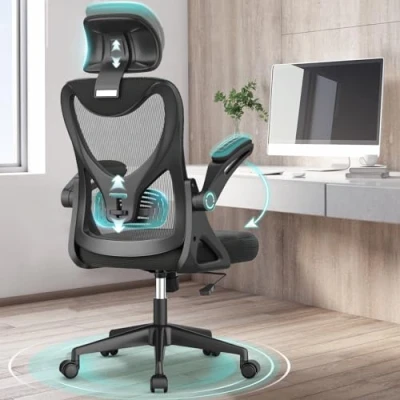 Image of BareTay Office Chair Ergonomic Desk with Lumbar Support Headrest Adjustable, Padded Flip up Armrests Comfy Seat Cushion Mesh High Back Task Swivel Computer