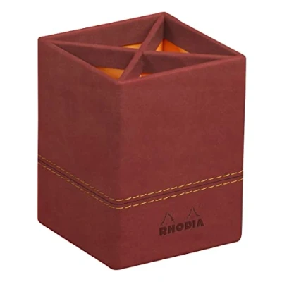 Image of RHODIA 194527C Nacarat Pencil Pot 8x8x11 cm Orange Saddle Stitching Faux Leather Exterior Home Office Collection Rhodiarama Organization &amp; Design Storage