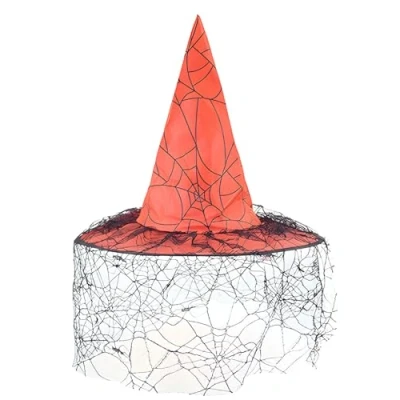 Image of Quickdraw Adults Witch Hat Spooky Halloween Costume Accessory Fancy Dress With Veil Assorted Colours Gothic Outfit (Red)