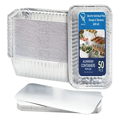 Image of Rollay 50 Pack Aluminium Foil Food Containers with Lids 600ml Tin Trays for Storage, Baking, Roasting, Takeaway, and Party Disposable Storage