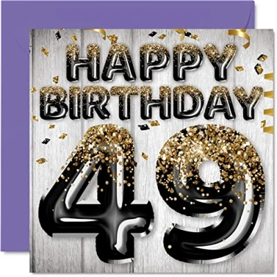 Image of 49th Birthday Card for Men Black &amp; Gold Glitter Balloons Happy Cards 49 Year Old Man Dad Cousin Friend Brother Uncle, 145mm x Forty Nine Ninth Greeting Gift