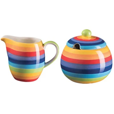 Image of Purity Style Hand Painted Rainbow Stripe Sugar Bowl and Jug Set