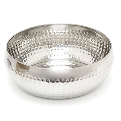 Image of Carousel Home 24cm Stylish Silver Metal Kitchen Fruit Bowl Round Stainless Steel Display Dish with Hammered Detail Snack