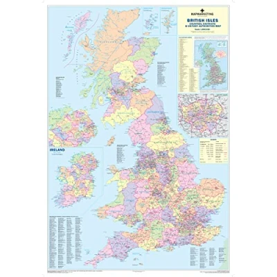 Image of UK Wall Map Laminated Large Counties, District and Unitary Authority Boundaries Local Councils, Roadmap, Postcode Areas, London Boroughs, Population Figures