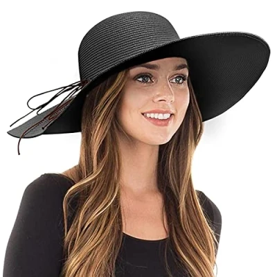 Image of DRESHOW Womens Wide Brim Straw Hat Floppy Foldable Roll up Cap Beach Sun UPF 50+