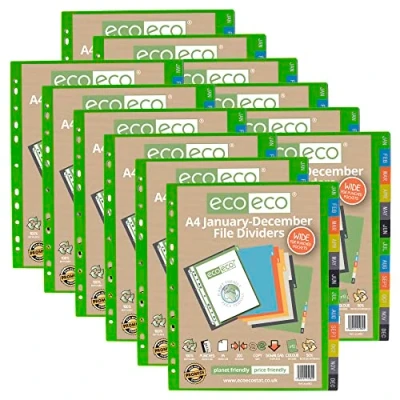 Image of eco A4 50% Recycled Multipunched Reinforced Colour January December Subject Index Extra Wide File Dividers 200mic (Pack of 12), eco082x12