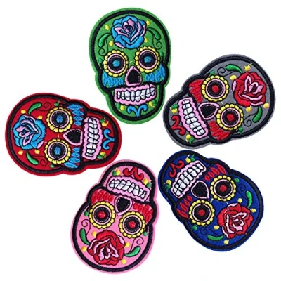 Image of HUIXUN Iron On Patches DIY Flowered Skull Embroidered For Clothing Fabric Badges Sewing 5PCS (2&quot;X2.8&quot;)