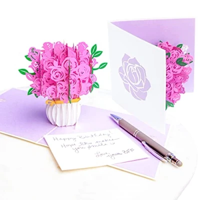 Image of PopLife Pink Roses Pop Up Mother&#039;s Day Card 3D Happy Anniversary, Bouquet Up, Valentine&#039;s Card, Birthday, Engagement for Mom, Daughter, Wife, Sister