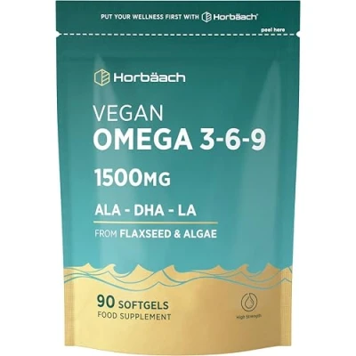 Image of Vegan Omega 3 6 9 Capsules 1500mg 90 Count ALA, DHA, &amp; LA Sourced from Flaxseed and Algae Oil High Strength Supplement No Artificial Preservatives by Horbaach