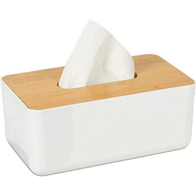Image of Tissue Holder Facial Box Cover with Oak Wooden Rectangular Organizer for Home Office Bathroom