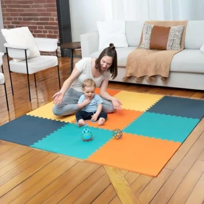 Image of MioTetto Soft Non Toxic Foam Baby Play Mat Toddler Playmat Colorful Jigsaw Puzzle 36 Squares Floor Mats for Kids &amp; Babies EVA Interlocking Tiles, Cobalt apricot pine gold,