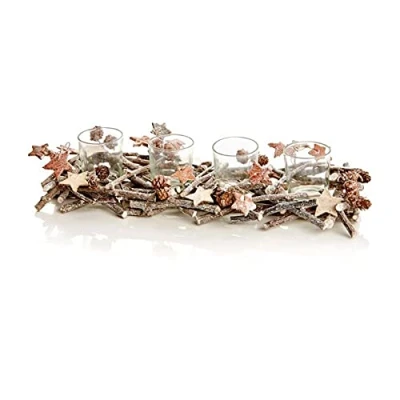 Image of Festive Frosty Glitter Pine Cone Twig Tea Light Candle Holder Woodland / Nordic Style (holds 4 tealights) 39cm