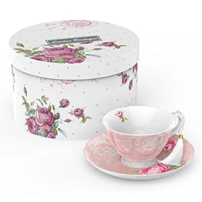 Image of London Boutique Tea Cup and Saucer Set 1 Afternoon New Bone China Vintage Flora Gift Box 200m (Pink)