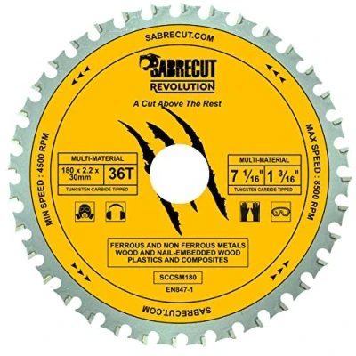 Image of 1 x SabreCut SCCSM180_36 180mm 36T 30mm 25.4mm 20mm 16mm Bore Multi Material Metal Wood Plastic Circular Saw Blade Compatible with Bosch Dewalt Makita Milwaukee and Many Others