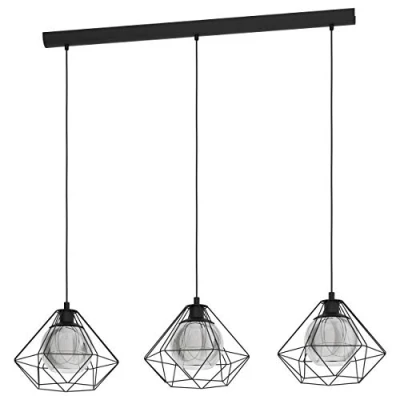 Image of EGLO Vernham Pendant Light, 3 Bulb Lamp, Vintage, Industrial, Retro, Light Made of Steel and Smoked Glass, Black, Dining Table Lamp Hanging with E27 Socket