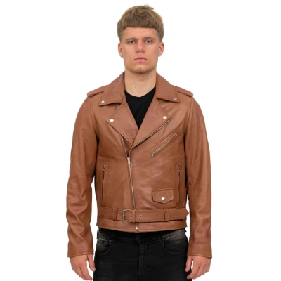 Image of Infinity Leather Mens Classic Brando Biker Jacket Antalya Tan Size Large