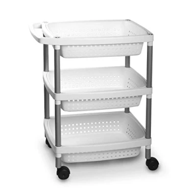 Image of TATAY Vegetable trolley with 3 levels, white matt, wheels and removable baskets, made of BpA free plastic material