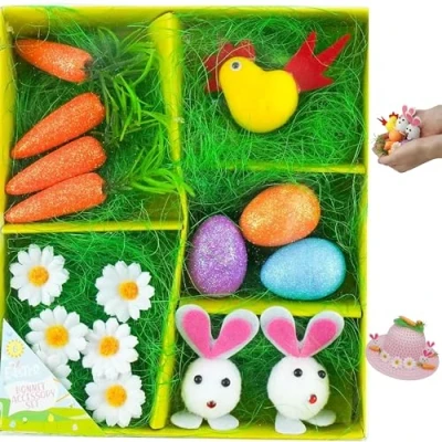 Image of 17PCs Easter Bonnet Decorating Set, Flowers, Chick, Eggs, Bunnies and Carrots, Hoppy Decoration Accessory, Gifts for Spring Party Favors