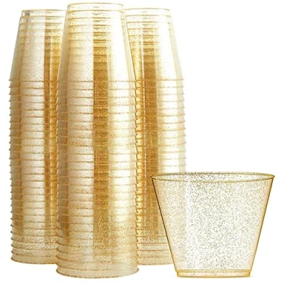 Image of KAHEIGN 60Pcs Clear Plastic Cups, 270ml Gold Glitter Tumblers Reusable Drink Cups Elegant Party Wine Glasses for Cocktail Champagne Beer Martini Soda Dessert (7 x 8.5cm)