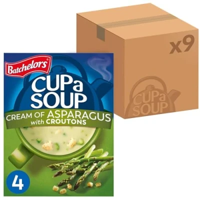 Image of Batchelors Cup a Soup, Cream of Asparagus With Croutons, Instant Soup Sachets, 117 g Box (Pack 9 Boxes Each Contains 4 Sachets)