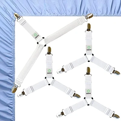 Image of FIBOOMERANG Bed Sheet Clips, Triangle Straps Fasteners Set 3 Ways Mattress Corner Suspenders Grippers Holders (4Pcs/Set, White)