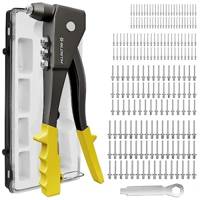 Image of BLOSTM Pop Rivet Gun Kit Full 200 Set with Riveter &amp; Carrying Case Containing Rivets in 4 Sizes 2.4mm 3.2mm 4mm 4.8mm for Metal, Wood and Plastic Complete Organiser