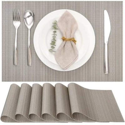 Image of Myir JUN Table Mats Set of 6, Place Placemats Washable Non slip Heat Insulation Woven Vinyl for Kitchen Dinning Restaurant 18&quot;X12&quot; (Silver Golden)