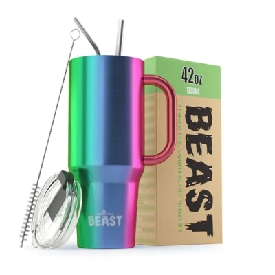Image of Beast Tumbler 1300 ml (42 oz), Rainbow Reusable Stainless Steel, Vacuum Insulated Cup with + 2 Straws &amp; Cleaning Brush Double Wall Travel Flask Perfect for Hot or Iced Coffee BPA Free