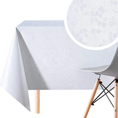 Image of KP HOME Waterproof PVC Wipe Clean Tablecloth Rectangular Oilcloth 78x55in 200x140cm Embossed Elegant Oil Cloth Table Plastic Kitchen Wipeable Cover in Plain White