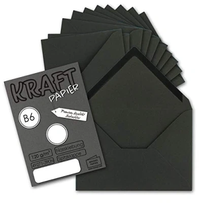 Image of 25x Vintage envelopes in black DIN B6 125 x 178 mm kraft paper 120 g m² recycled wet glue pointed flap UmWelt by GUSTAV NEUSER