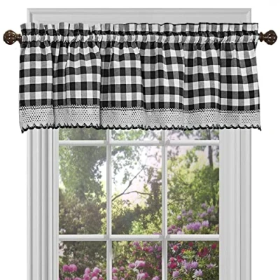 Image of Buffalo Check Valance Window Curtains 58 Inch Width, 14 Length Black &amp; White Plaid Light Filtering Farmhouse Country Drapes for Bedroom Living Dining Room by Achim Home Decor