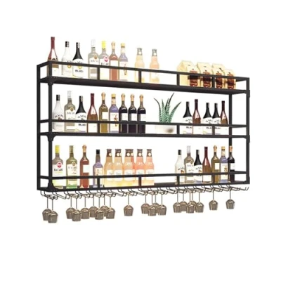Image of AKOGG Wine Storage Rack Wall Mounted With LED Light,Bar Hanging Shelves,liquor Bottle Display Shelf,Industrial Floating Shelf Glass Holder,Metal Racks For Kitchen,Black (S