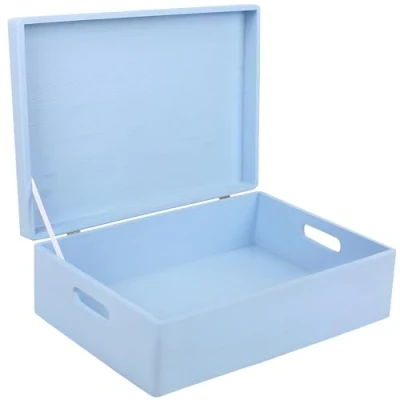 Image of Creative Deco XL Blue Wooden Storage Box 40 x 30 14 cm (+/ 1 cm) with Hinged Lid &amp; Handles Gift for Christmas Xmas Wood Keepsake Memory Craft Chest