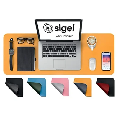 Image of SIGEL SA601 Desk Pad waterproof imitation leather Yellow, Grey double sided 80 x 30 cm