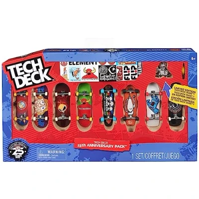 Image of Tech Deck, 25th Anniversary 8 Pack Fingerboards with Exclusive Figure, Collectible and Customisable Mini Skateboards, Kids’ Toys for Ages 6 up