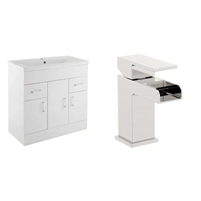 Image of VeeBath Sobek 800 Vanity Unit with Basin and Waterfall Mixer Tap, Floor Standing Cabinet Rectangular Ceramic Wash for Bathroom Furniture 3 Doors 2 Drawers Gloss White (Flat Pack)