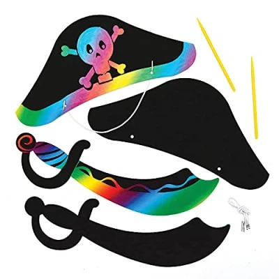 Image of Baker Ross AT668 Pirate Scratch Art Swords &amp; Hats Pack of 4 Sets, For Kids Arts and Crafts Projects