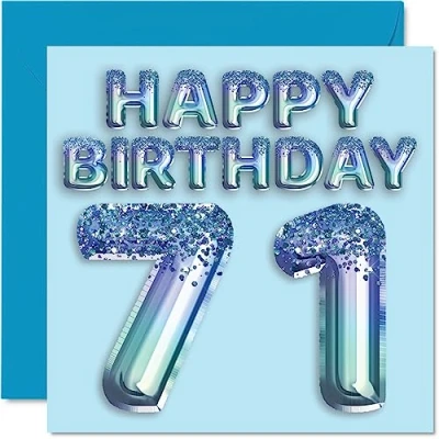 Image of 71st Birthday Card for Men Blue Glitter Party Balloon Happy Cards 71 Year Old Man Great Grandpa Grandad Dad Gran, 145mm x Seventy One First Greeting Gift