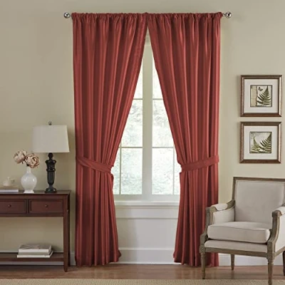 Image of Elrene Home Fashions Versailles Faux Silk Room Darkening Curtain Panel, Blackout with Rod Pocket, 52 Inches by 84 Inches, Red, 1 Panel